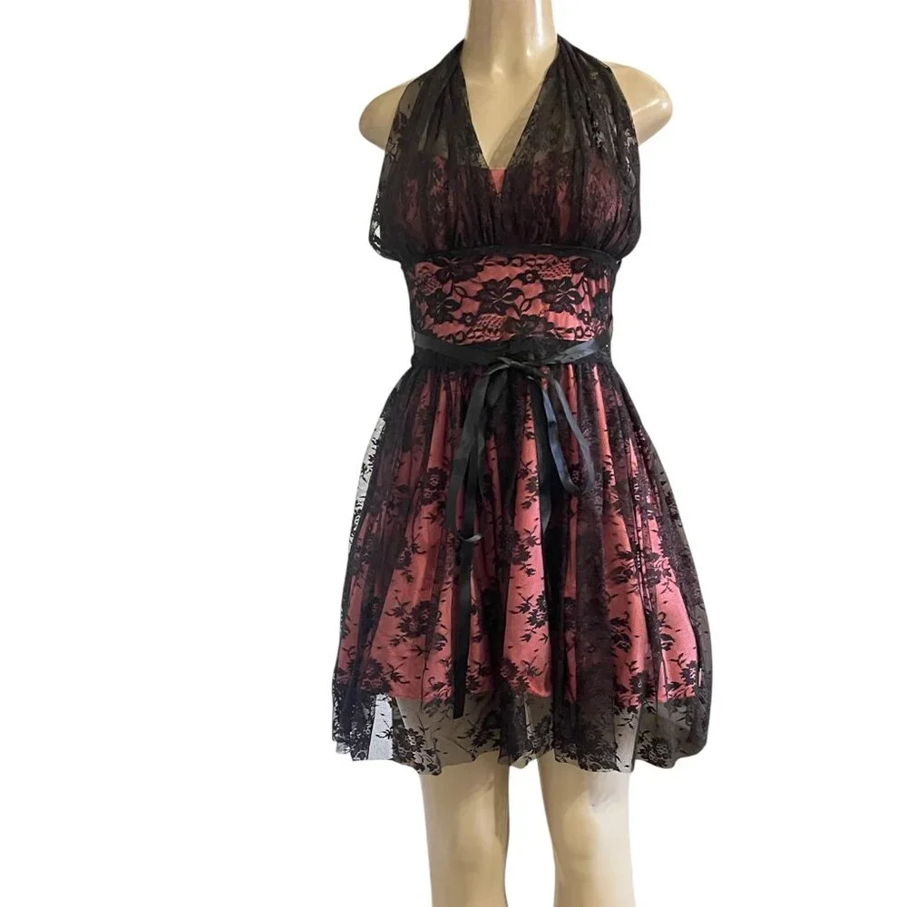 Backless Lace Overlay Halter Mini Dress | Ribbon Tie Waist | Size S | Pink - Picture 4 of 7